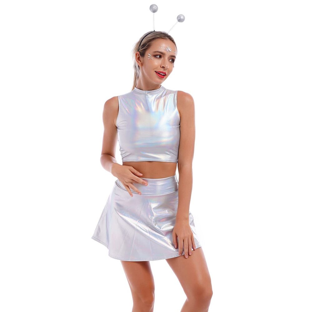 5785 Alien Costume Rave Outfit for Musical Festival Metallic Crop Top Shirt